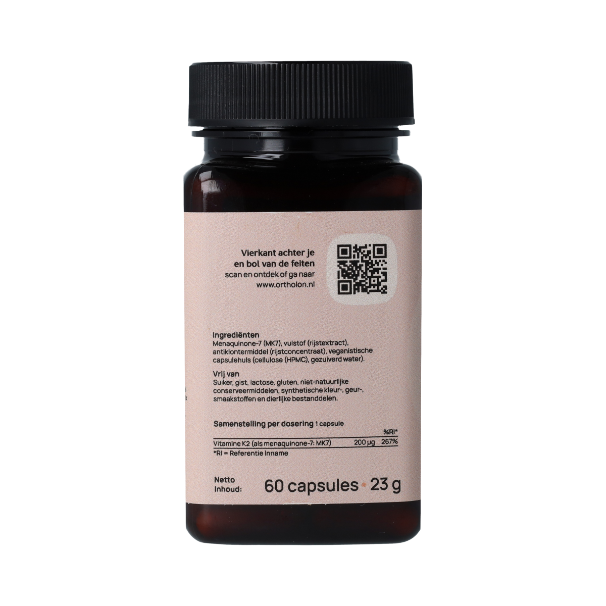 Ortholon Vitamin K2 capsules in a bottle, dietary supplement for bone and cardiovascular health.