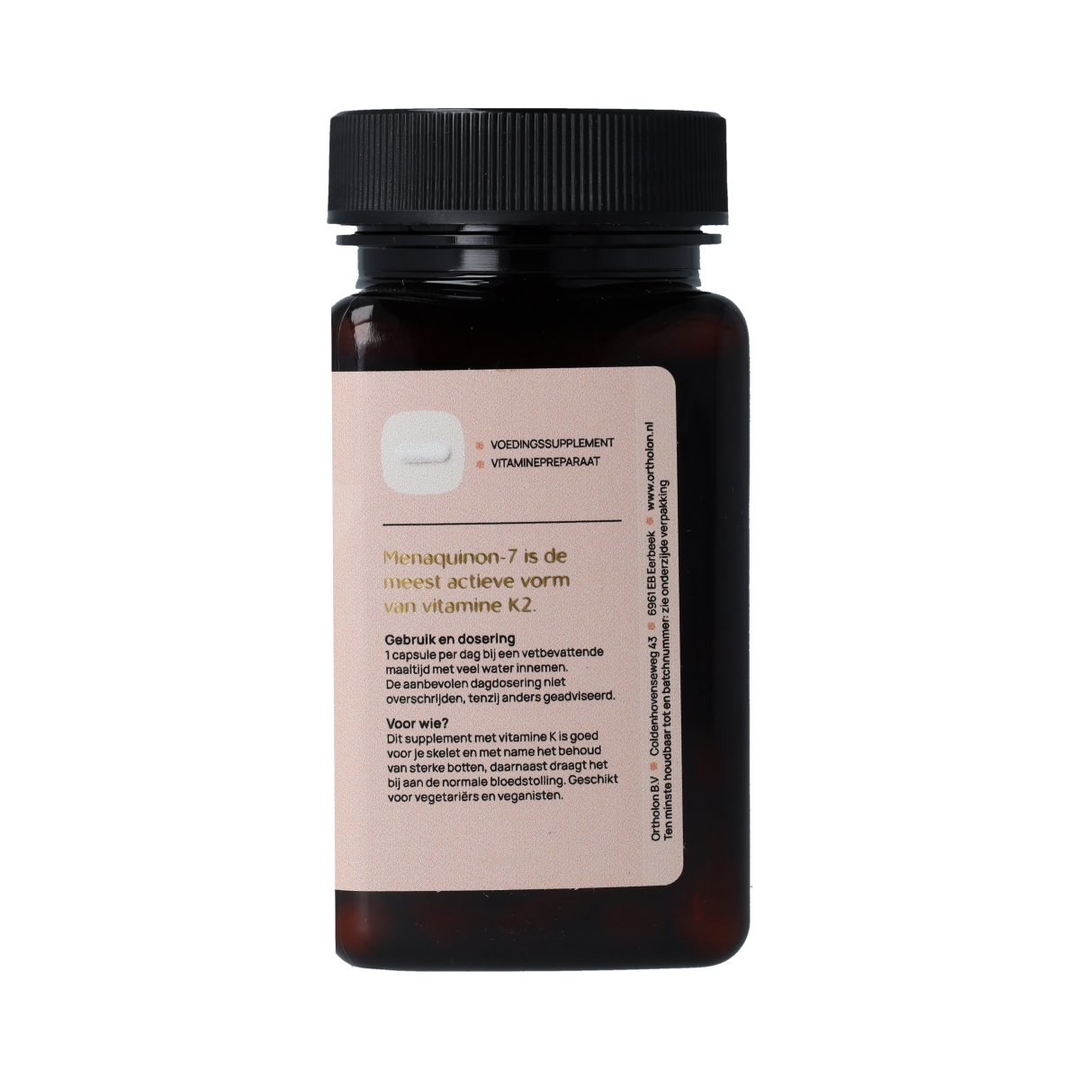 Ortholon Vitamin K2 capsules, natural dietary supplement in a clear bottle, showcasing the packaging and capsules inside.