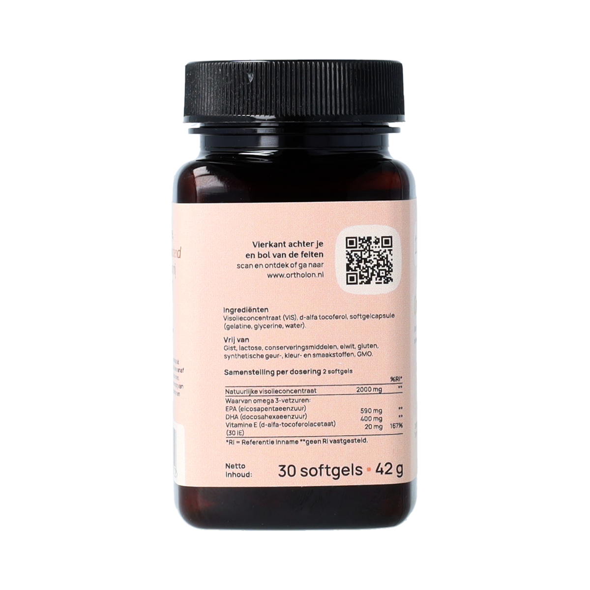 Ortholon Omega 3 Vetzuren capsules in a bottle, supplement with fish oil for heart and brain health.
