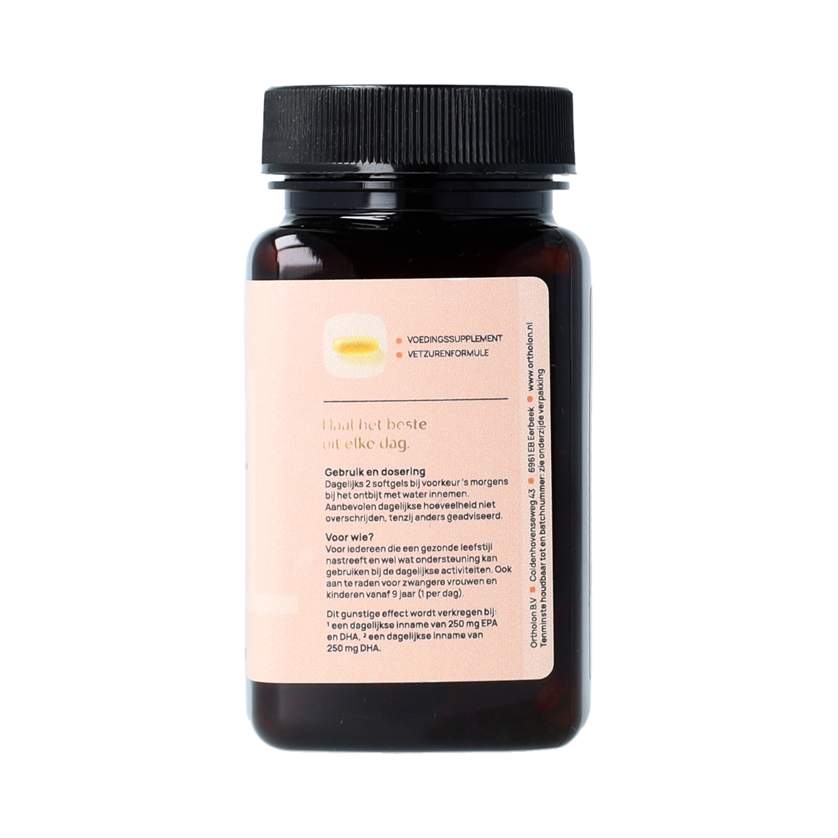 Ortholon Omega 3 Vetzuren capsules in a bottle, showing the supplement's packaging and product label.