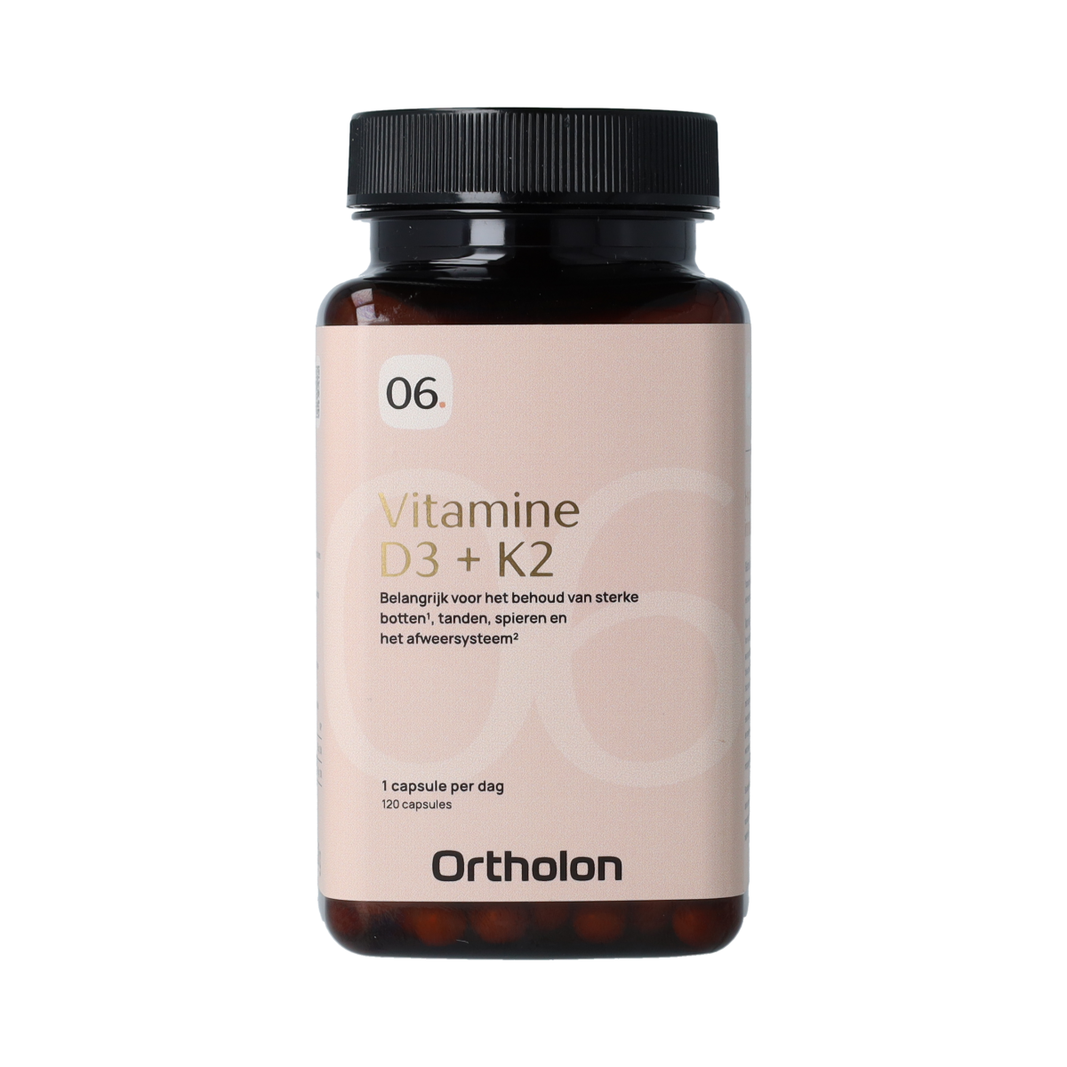 Ortholon Vitamin D3 + K2 capsules, a multi-vitamin supplement in a bottle with 120 capsules on a white background.