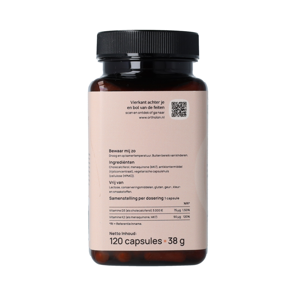 Bottle of Ortholon Vitamin D3 + K2 capsules, a dietary supplement in a white container with a label showing product details.