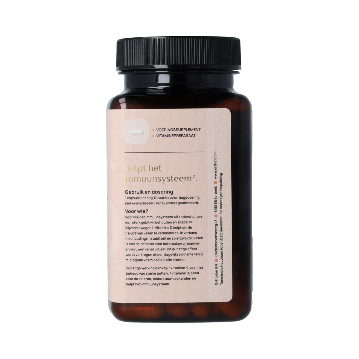 Ortholon Vitamin D3 + K2 supplement in a bottle of 120 capsules, natural health product for bone and immune support