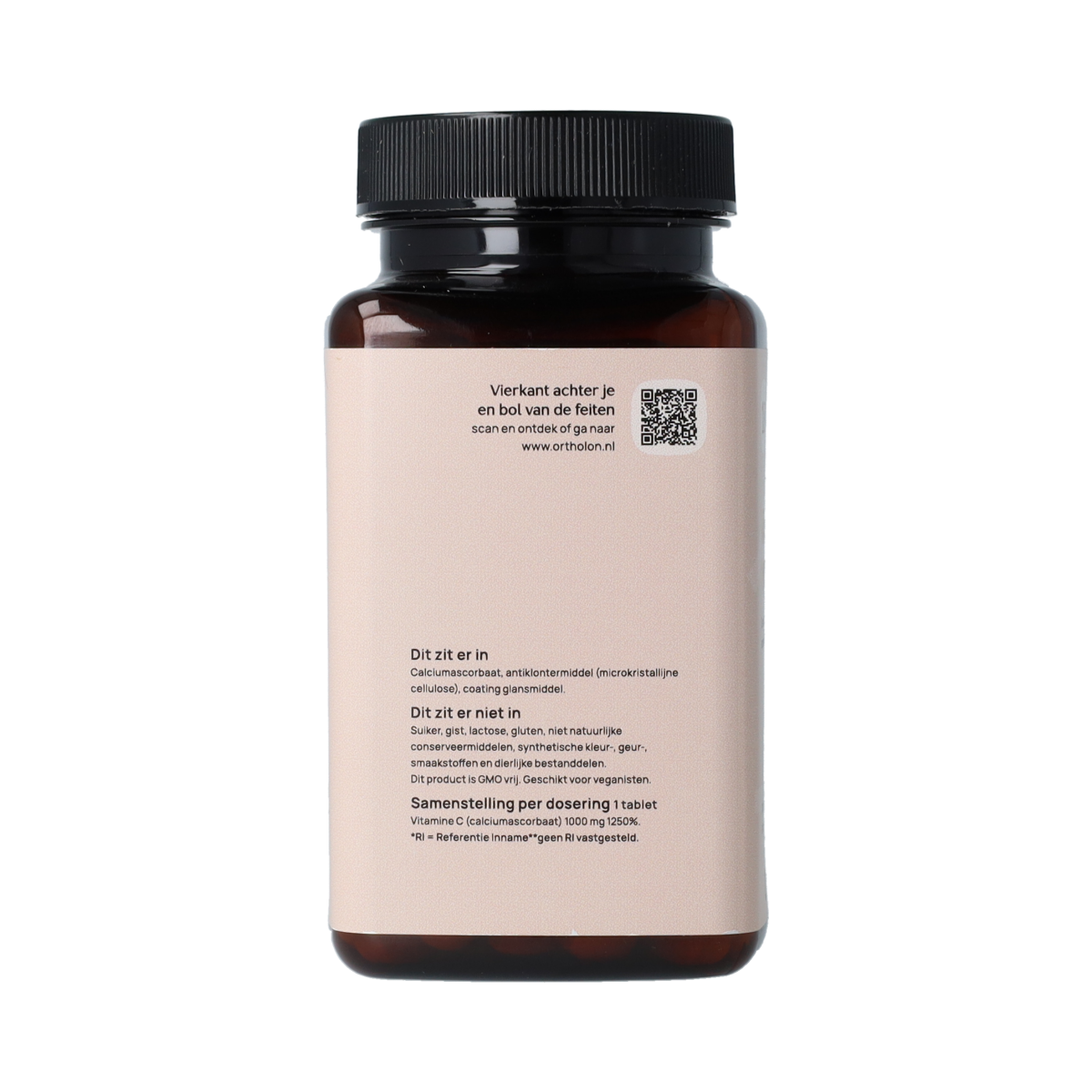 Ortholon Vitamin C 1000mg tablets, 90 count, close-up of the supplement bottles and tablets on a white background.