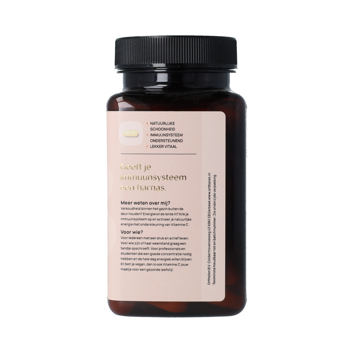 Ortholon Vitamin C 1000mg supplement bottle with 90 tablets, featuring a white label with orange accents and product details.