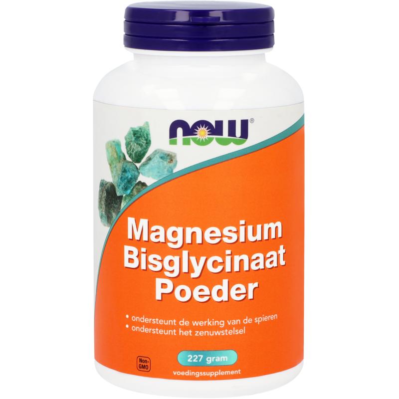 NOW Magnesium bisglycinaat powder in a 227g container, showing the mineral supplement packaging.