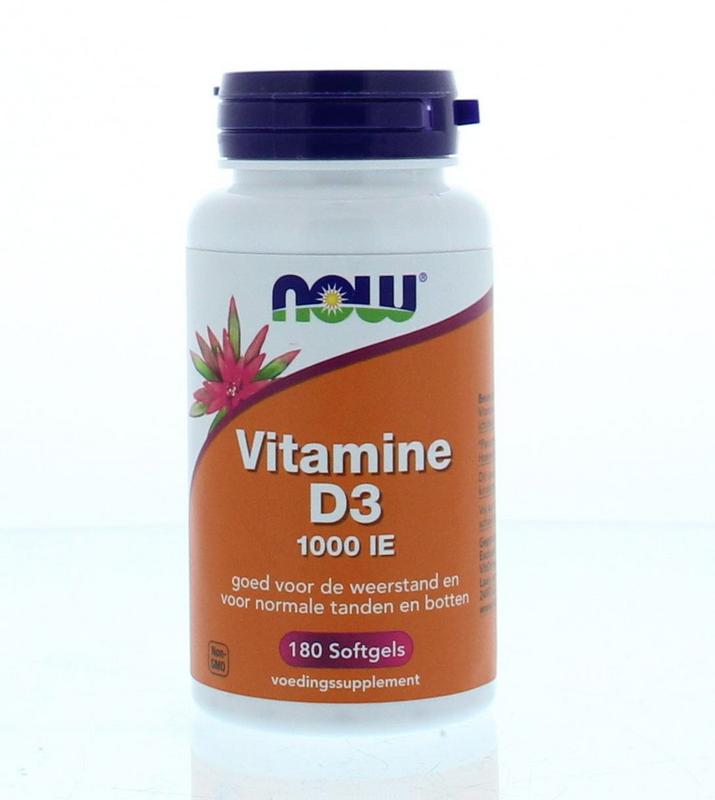 NOW Vitamine D3 1000IU softgels bottle showing the label and softgel capsules, dietary supplement for immune support.