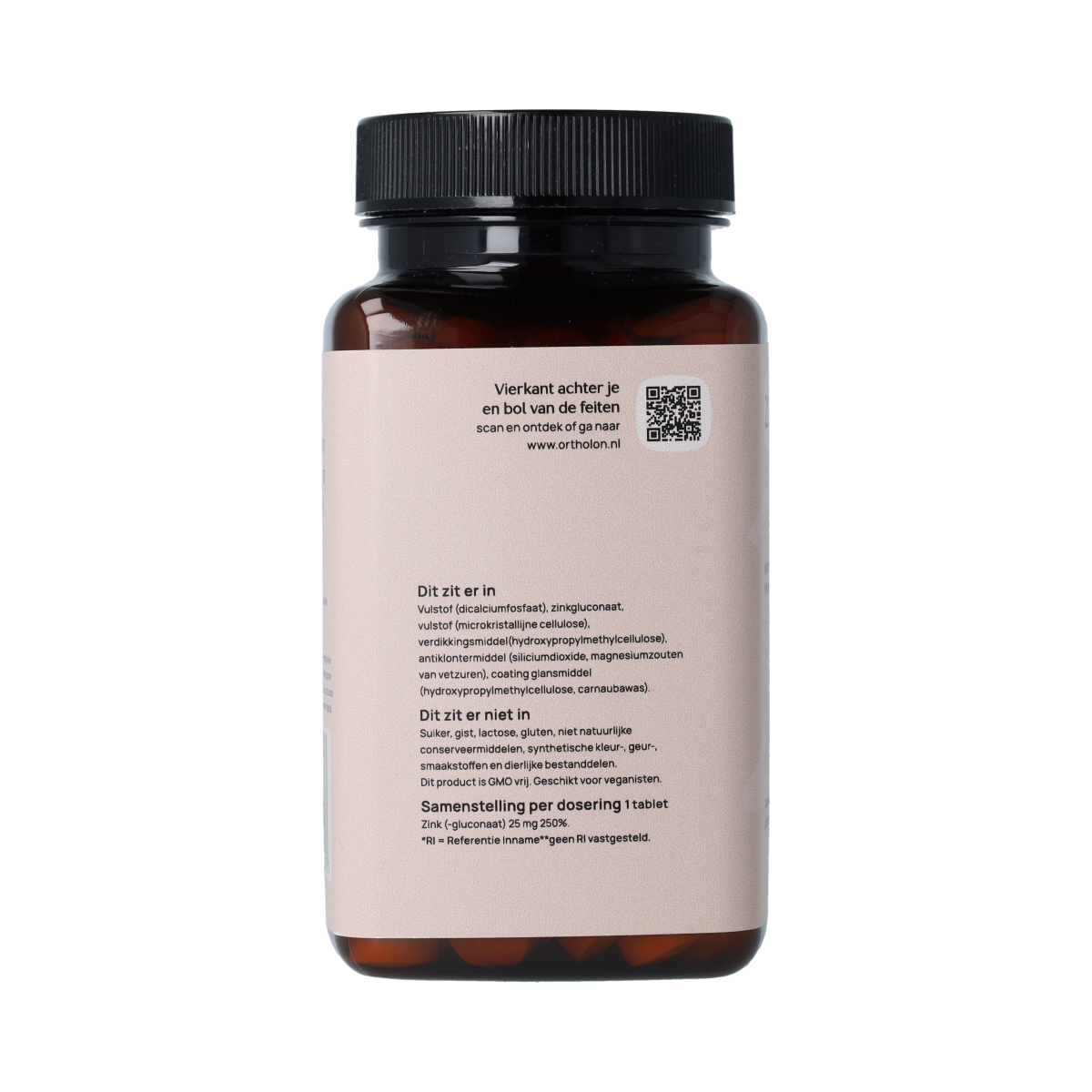 Ortholon Zink 240mg mineral tablets, close-up of supplement packaging with tablets inside, dietary zinc supplement by Ortholon.