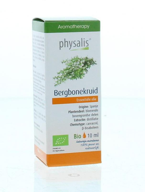 Physalis Bergbonenkruid organic herbal preparation in a 10ml bottle, featuring fresh herbs and natural ingredients.