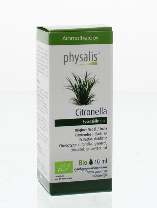 Physalis bio citronella essential oil bottle, 10ml, natural etherische oliën with lemon scent, in clear glass bottle.