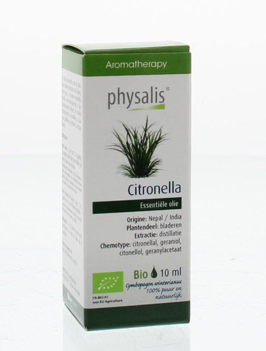 Physalis bio citronella essential oil bottle, 10ml, natural etherische oliën with lemon scent, in clear glass bottle.