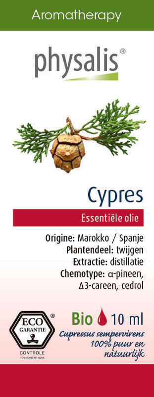 Physalis bio cypress essential oil bottle, 10ml, natural therapeutic etherische oliën with fresh cypress aroma.