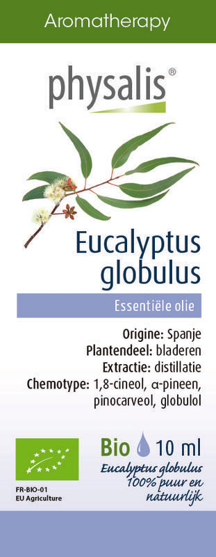 Physalis bio Eucalyptus globulus herbal preparation in a 10ml bottle, featuring eucalyptus leaves and natural ingredients.