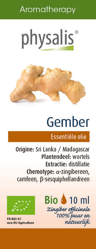 Physalis Gember bio herbal preparation in a 10ml bottle, showcasing fresh ginger roots and herbal ingredients for natural wellness.