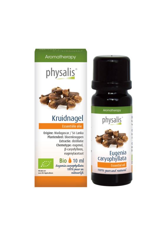 Physalis biologisch kruidnagel kruidenpreparaat in 10ml flacon, close-up of the labeled bottle with a white background.