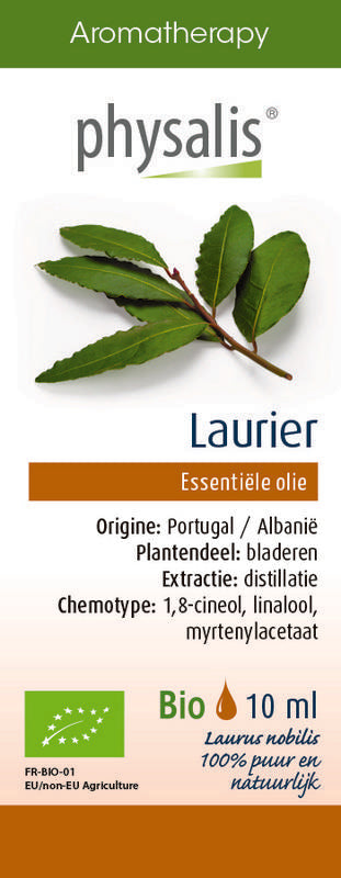 Physalis Laurier bio herbal preparation in a 10ml bottle, featuring fresh Laurier leaves for natural remedy use