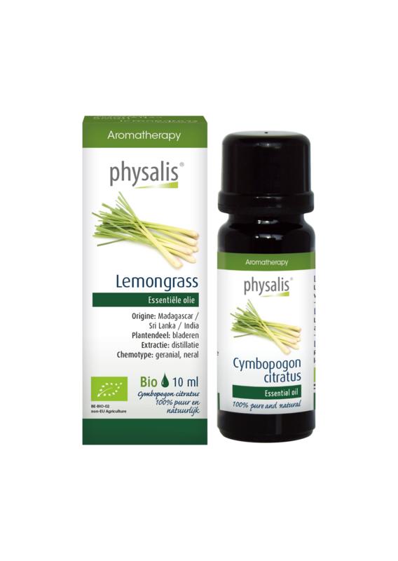 Physalis bio lemongrass herbal extract in 10ml bottle, part of Physalis Kruidenpreparaten collection, with fresh lemongrass visible.