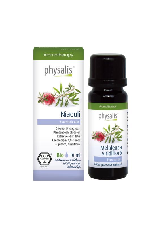 Physalis Niaouli bio essential oil in a 10ml bottle, showcasing the amber glass and label with product details.