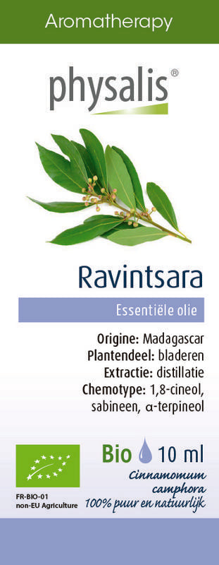 Physalis Ravintsara bio herbal preparation in a 10ml bottle, featuring labeled packaging with green and white design elements.