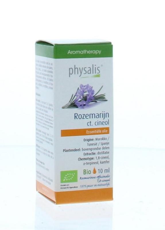 Physalis Rozemarijn bio herbal preparation in a 10ml bottle, featuring fresh rosemary sprigs and leaves on a white background.