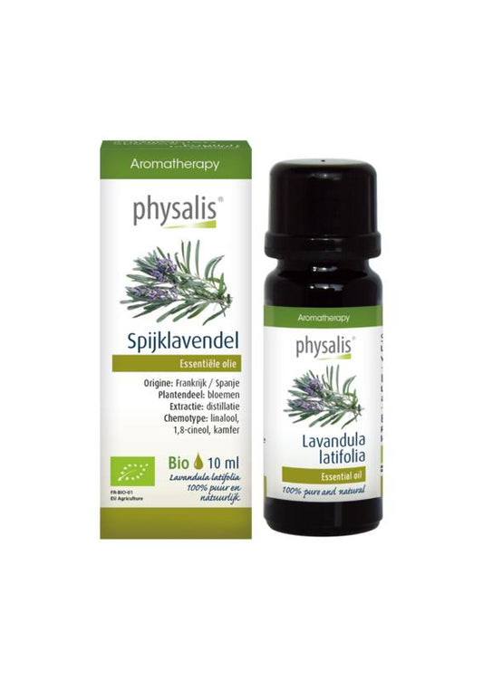 Physalis bio Spijklavendel herbal preparation in 10ml bottle, featuring fresh lavender flowers and herbs in a natural setting.