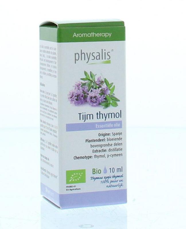 Physalis Tijm rode bio herbal preparation in a 10ml bottle, featuring fresh red thyme leaves and natural herbal ingredients.