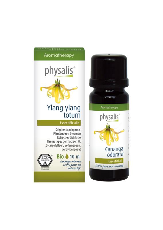 Physalis Ylang Ylang bio essential oil bottle, 10ml, with orange cap, used for aromatherapy and natural skincare.