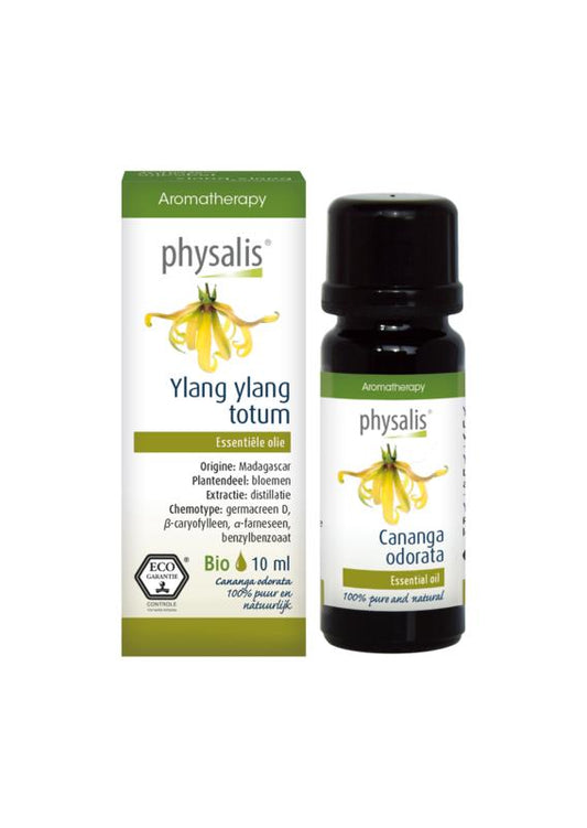 Physalis Ylang Ylang bio essential oil bottle, 10ml, with orange cap, used for aromatherapy and natural skincare.