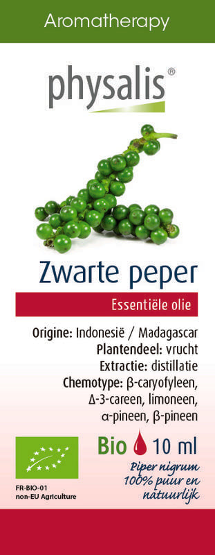 Physalis bio zwarte peper kruidenpreparaat in 10ml bottle, close-up of dark peppercorns in a transparent container.