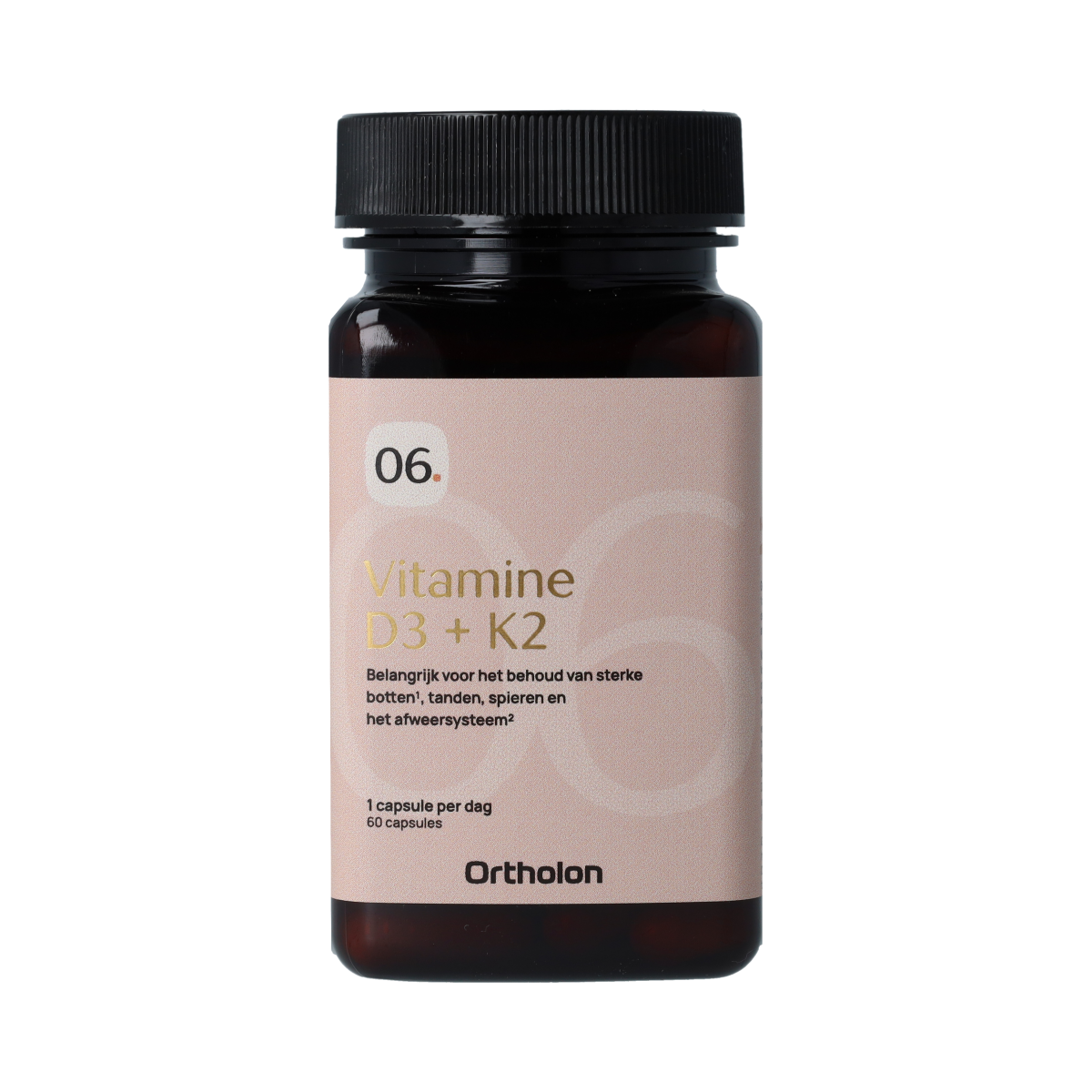 Ortholon Vitamin D3 + K2 capsules in a bottle, dietary supplement for bone health and immune support.