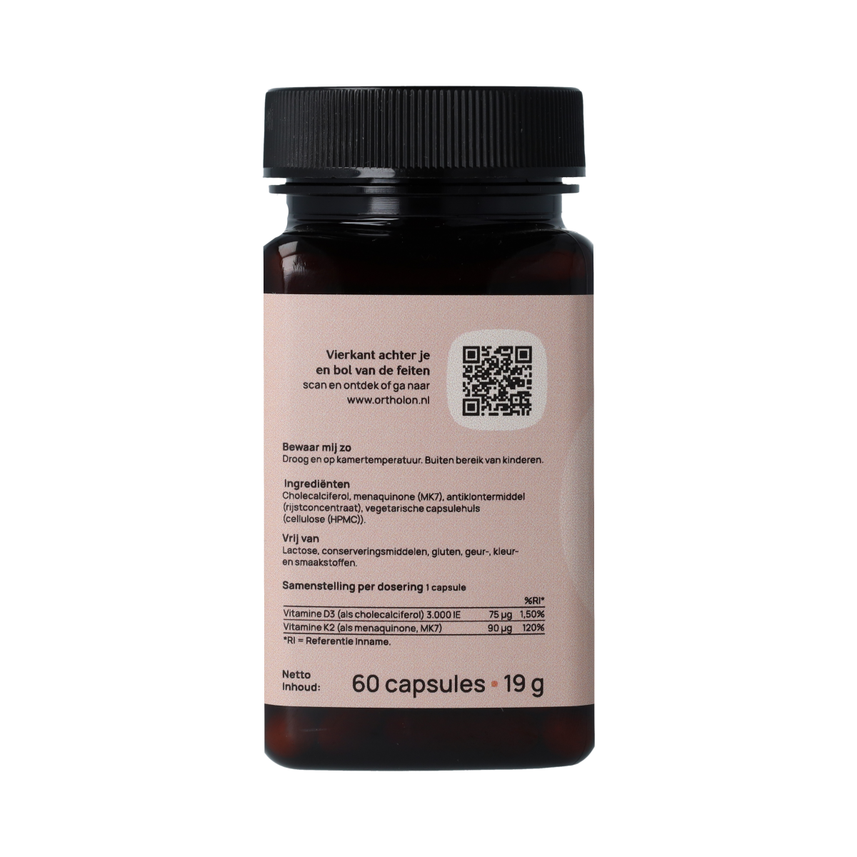 Ortholon Vitamin D3 + K2 capsules, multivitamin supplement in a plastic bottle with 60 capsules.