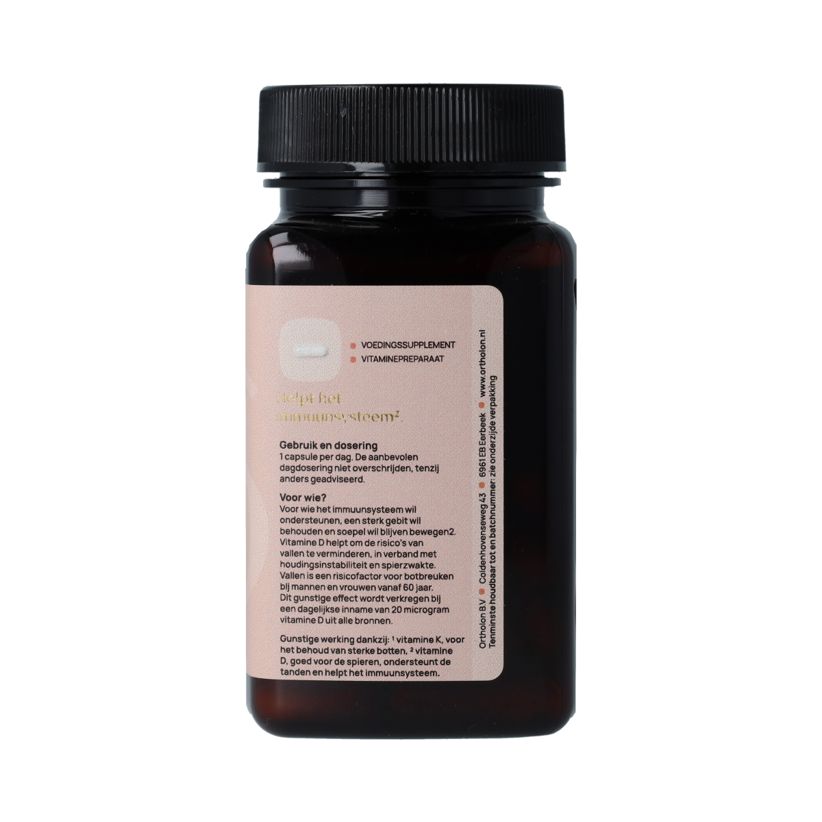 Ortholon Vitamin D3 + K2 capsules, multivitamin supplement in a clear bottle with 60 capsules on a white background.