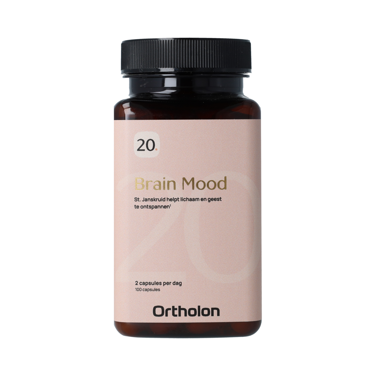 Ortholon Brain Mood capsules in a bottle, herbal supplement for mental well-being, part of Ortholon's kruidpreparaten range.