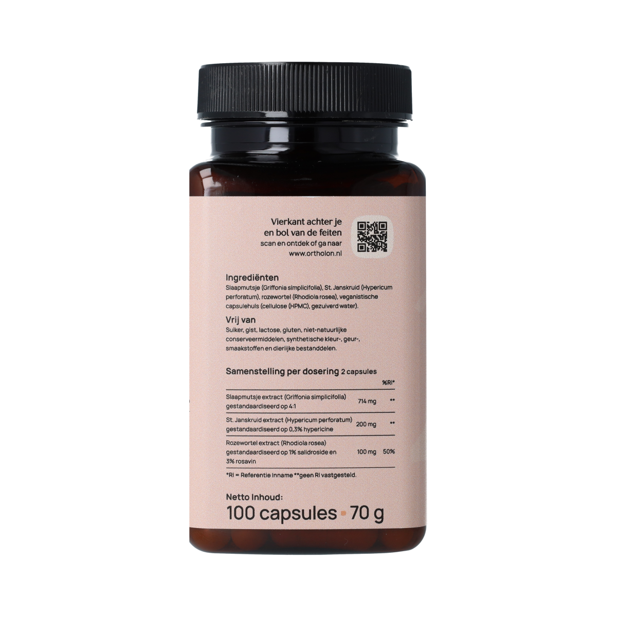 Ortholon Brain Mood capsules in a bottle, herbal supplement for mood support, part of Ortholon's kruidpreparaten line.