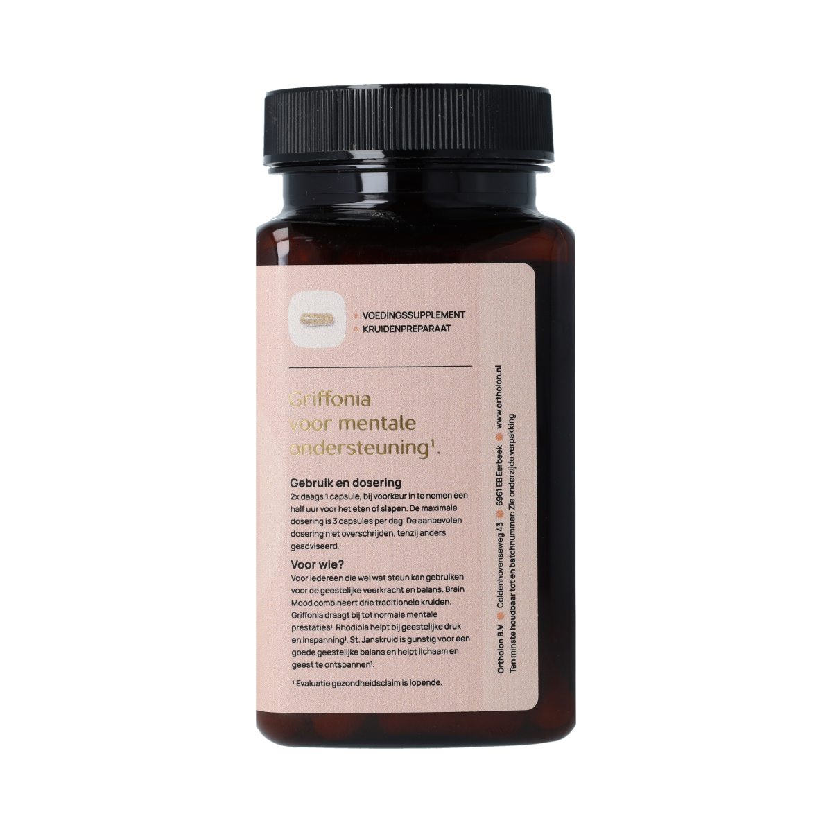 Ortholon Brain Mood herbal supplement capsules, natural kruidenpreparaten for mood support, shown in the image.