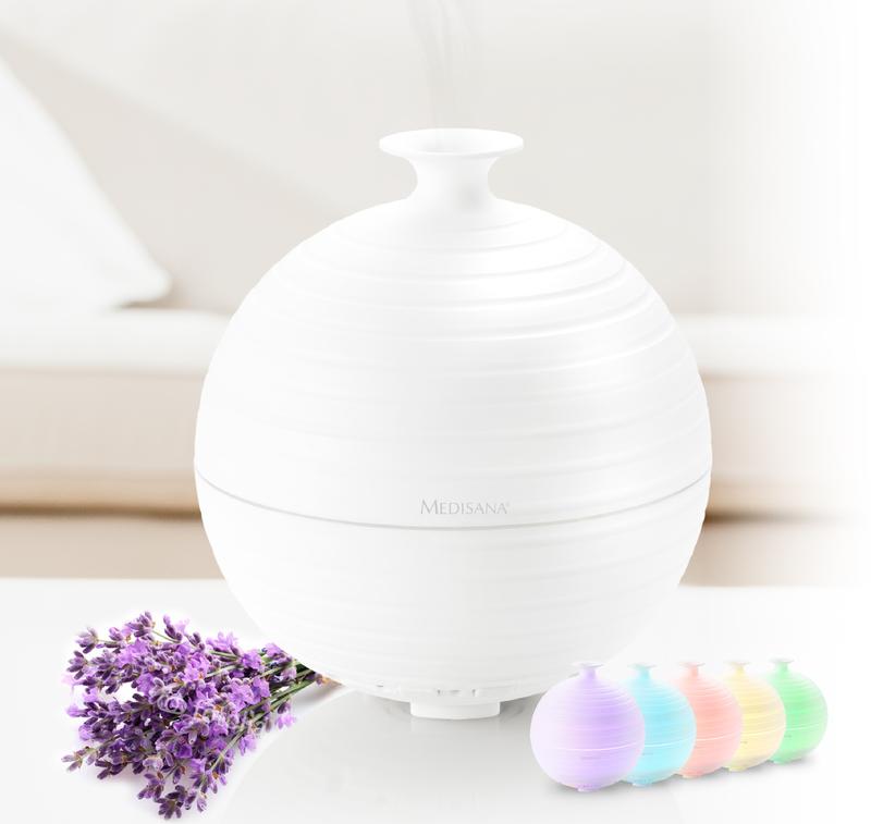 Medisana AD620 Aroma diffuser, a compact ultrasonic scent dispenser for home aromatherapy, shown with mist and subtle design features.