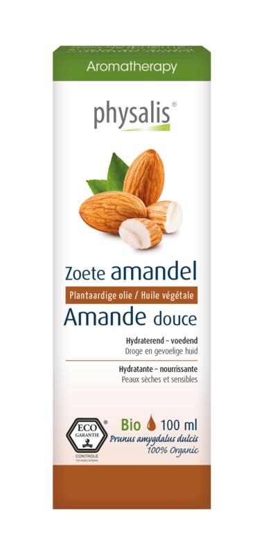 Physalis Zoete Amandel body care product bottle, 100ml, with a natural, smooth design and label featuring almond imagery.