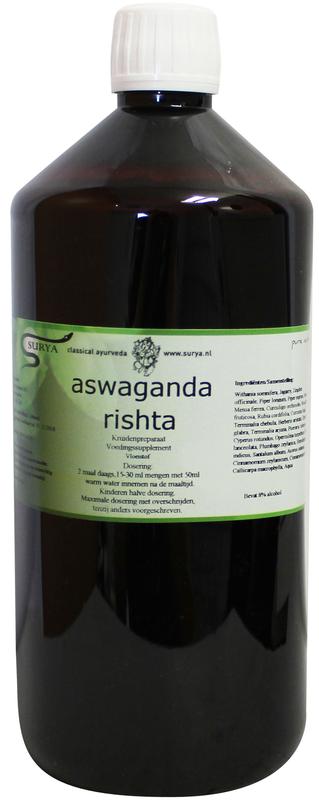 Surya Aswaganda Rishta herbal preparation in a 1-liter bottle, natural herbal supplement from Surya brand.