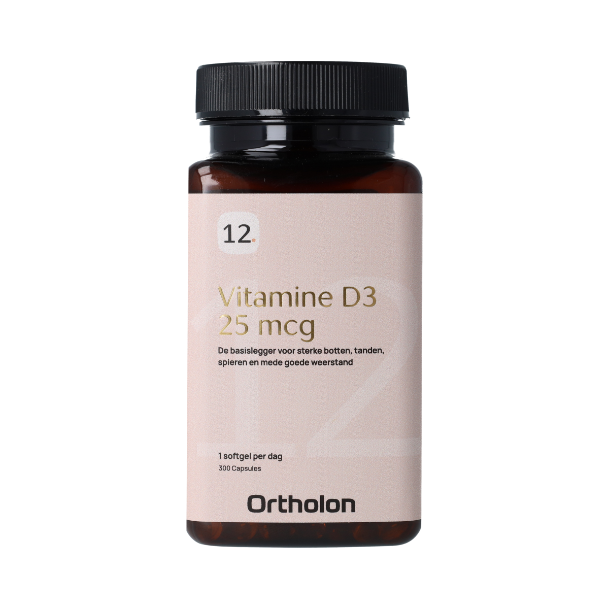 Ortholon Vitamin D3 softgels in bottle, showing 25mcg dosage, 300 count, natural supplement for bone health
