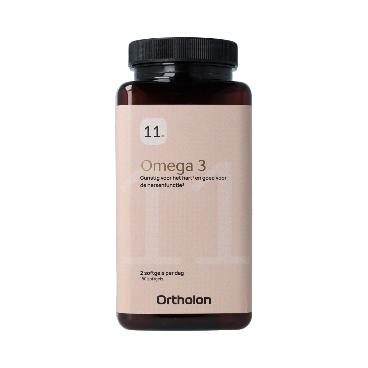 Ortholon Vetzuren Omega 3 capsules, 180-count, showing the softgel capsules in a clear container.