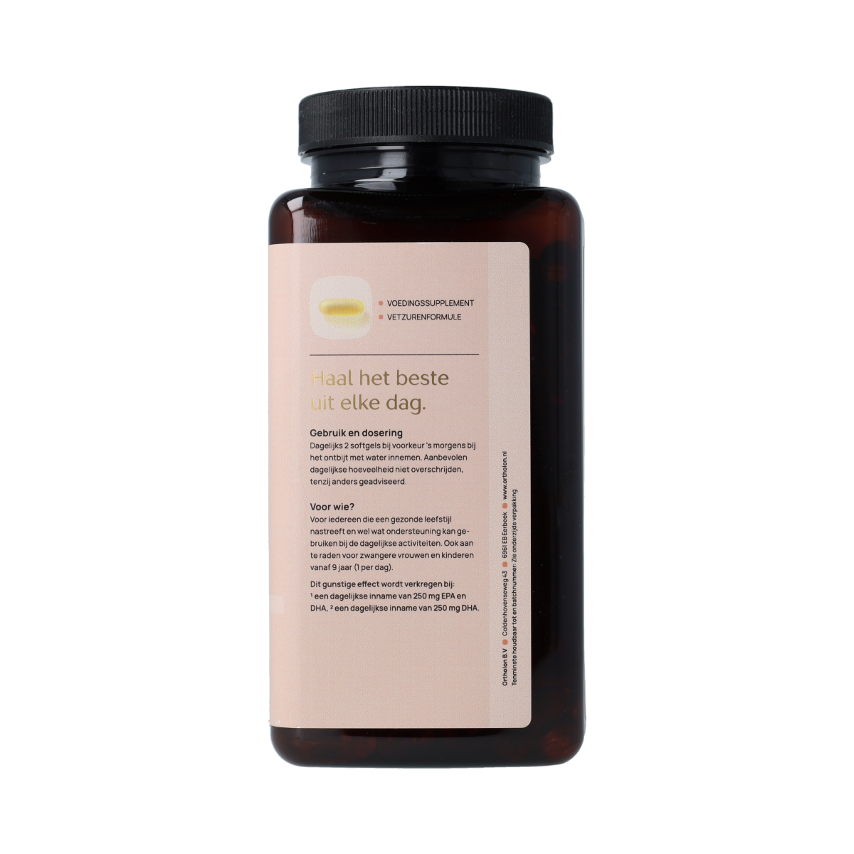 Ortholon Vetzuren Omega 3 capsules, 180-count, showing softgel capsules in a clear container.