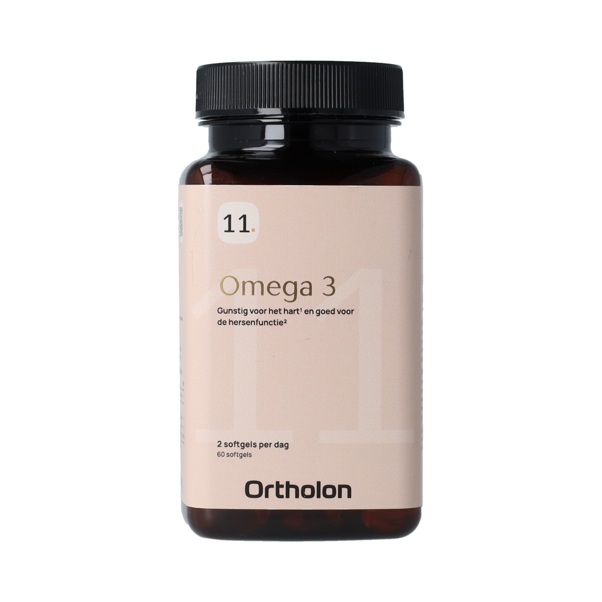 Ortholon Omega 3 Vetzuren softgel capsules in a transparent bottle, showcasing the dietary supplement for heart and brain health