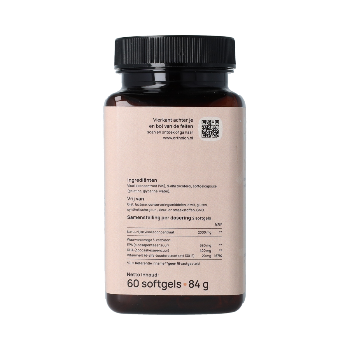 Ortholon Omega 3 Vetzuren softgels in a bottle, showing golden capsules for omega-3 fatty acids supplement.