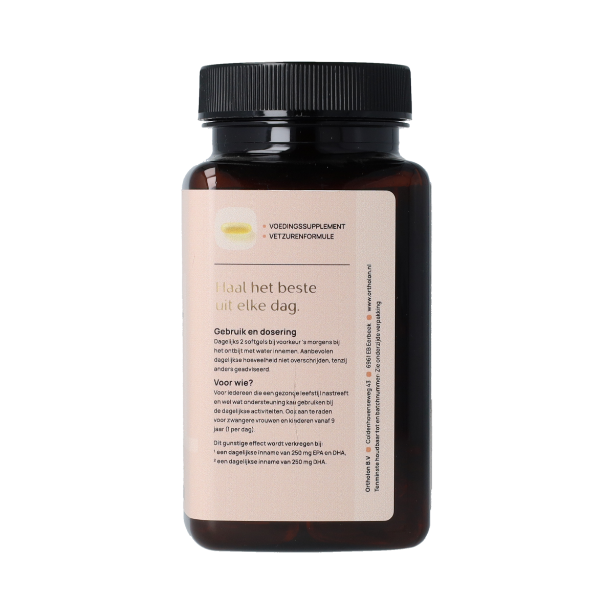Ortholon Omega 3 Vetzuren softgels bottle with label, showing 60 softgel capsules for supporting heart and brain health.