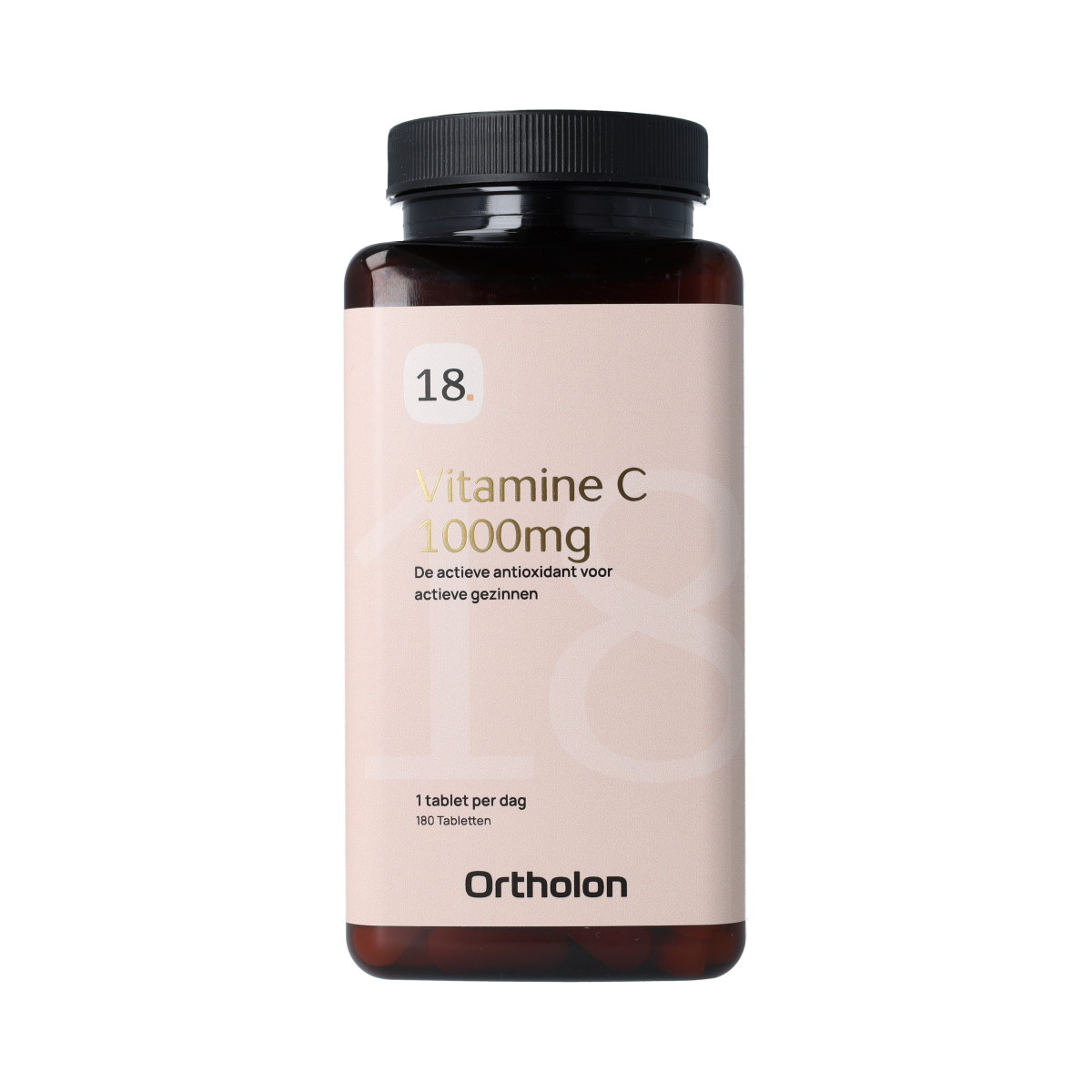 Ortholon Vitamin C 1000mg tablets in a bottle, showing the supplement packaging and tablets inside.