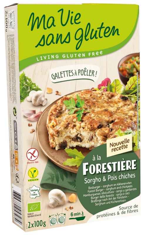 Ma Vie Sans champignonburger with chickpeas, gluten-free, 2x100g bio meat and plant-based burger patties on a plate.