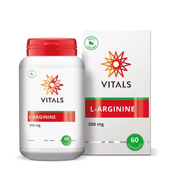 Vitals L-Arginine 500mg amino acid capsules, 60 count, showing the supplement bottle with capsules inside.