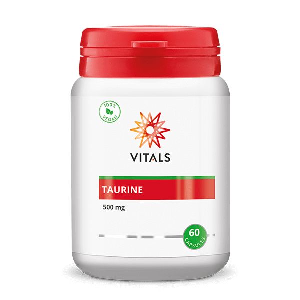 Vitamins Vitals Taurine 500mg vegetarian capsules, 60 count, showing the supplement bottle and capsules in a natural setting.