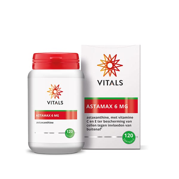 Vitals Astamax 6 mg multivitamin softgels in a bottle, showing the supplement's packaging and softgel capsules.