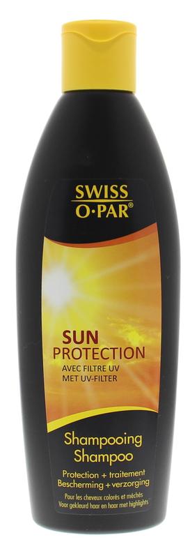 Swiss O-Par shampoo with UV filter, 250ml, featuring a bottle of hair care product with a flip-top cap.